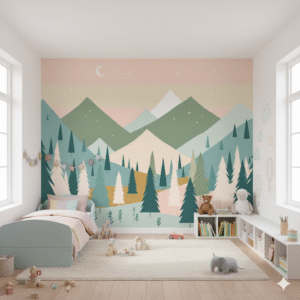 Valle Lunar Ilustrado - Fotomural Bosque Geometrico Nocturno