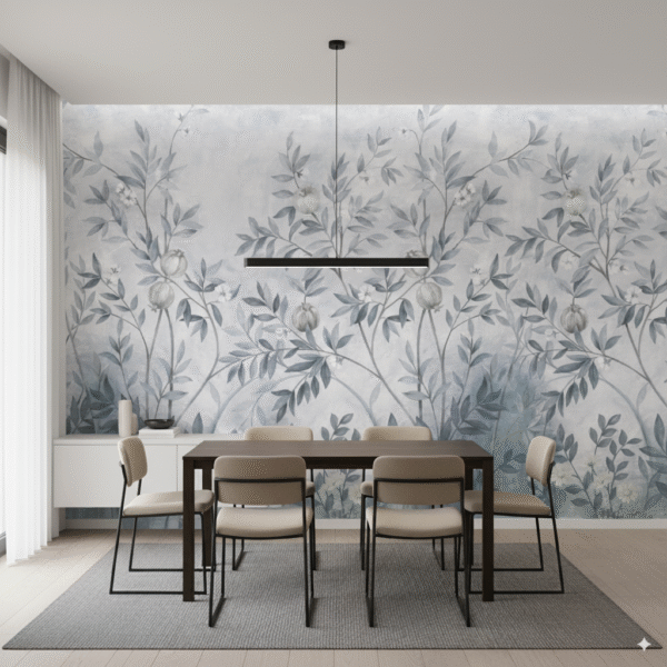 Papel Tapiz Botánico Elegante - Ramas y Flores Grises